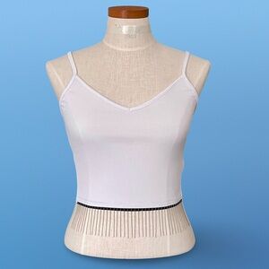 WBQ White Chain Fringe Spaghetti Strap V Neck Stretchy Ribbed Crop Tank Top SzS